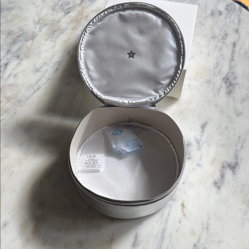 Dior // Silver Leather Round Pouch Vanity Case